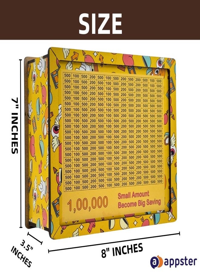 APPSTER 8x7 Inch Jumbo Wooden Piggy Money Bank for Kids & Adults | Carved Design, Mini Bank, Donation Box, Smart Money Coin Box with Numbers Savings Box 100000 Rupees (Yellow) - Image 2